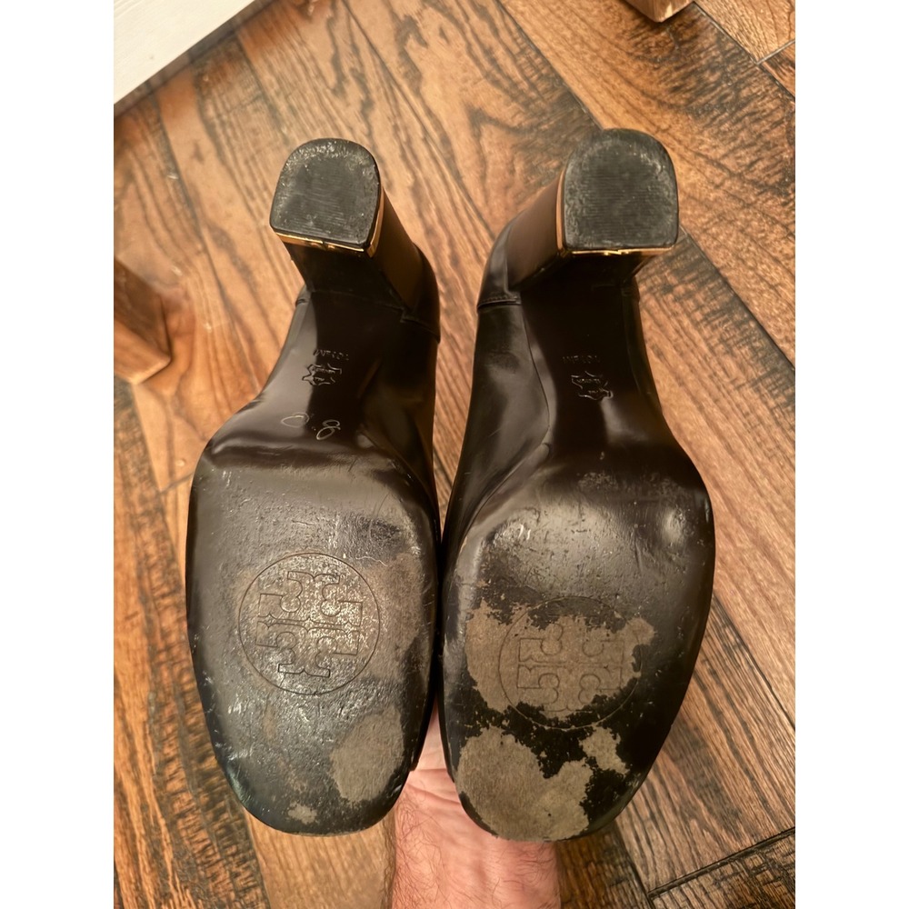 Tory Burch Black Leather Block Heel Pumps Gold Logo Round Toe Women's Size 10.5M - Picture 6 of 8